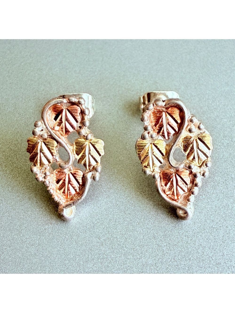 12K Tri Color Black Hills Leaves Wibe Grapes Sterling Silver 925 Stud Earrings